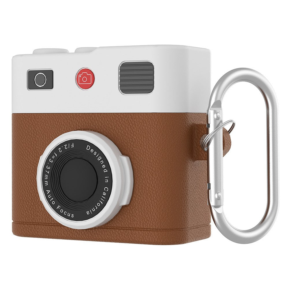 Compatible With  AirPods 5 / 4 Case Retro Camera Design Liquid Silicone Earbuds Carrying Cover with Carabiner - Brown