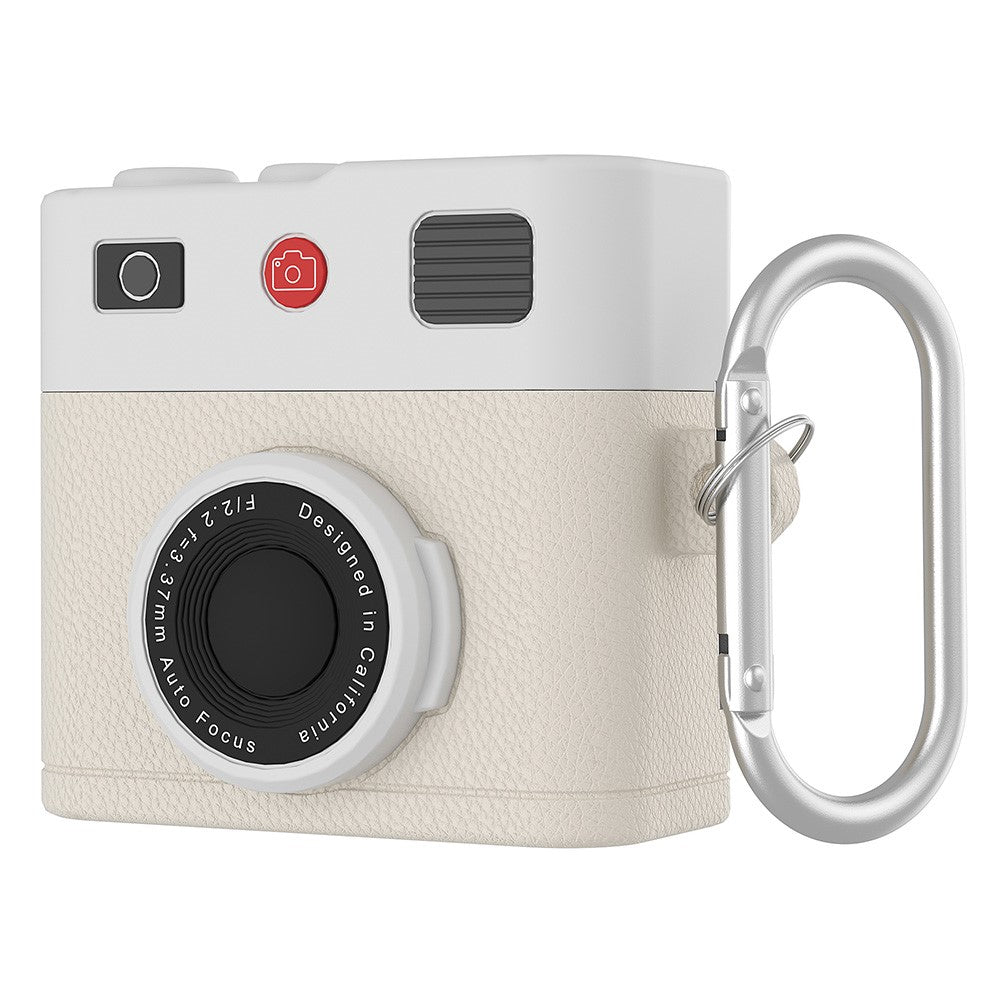 Compatible With  AirPods 5 / 4 Case Retro Camera Design Liquid Silicone Earbuds Carrying Cover with Carabiner - Cream Beige