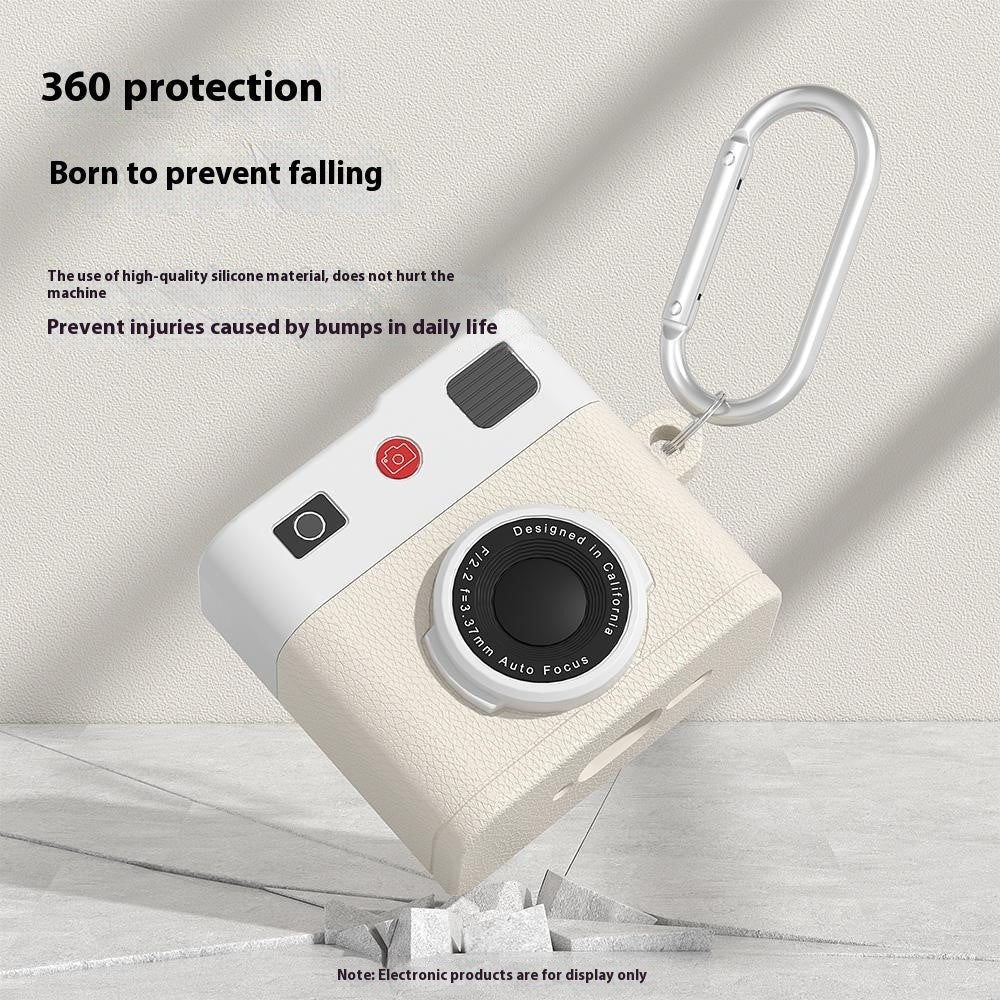 Compatible With  AirPods 5 / 4 Case Retro Camera Design Liquid Silicone Earbuds Carrying Cover with Carabiner - Cream Beige