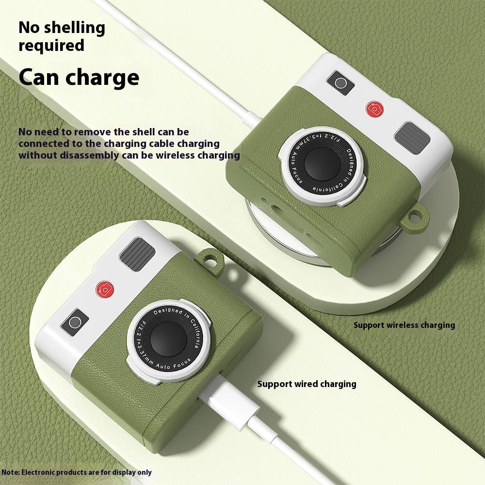 Compatible With  AirPods 5 / 4 Case Retro Camera Design Liquid Silicone Earbuds Carrying Cover with Carabiner - Cream Beige