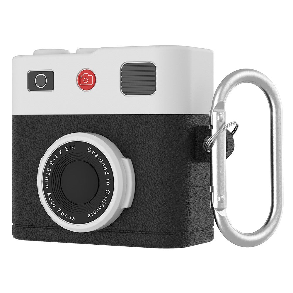 Compatible With  AirPods 5 / 4 Case Retro Camera Design Liquid Silicone Earbuds Carrying Cover with Carabiner - Black
