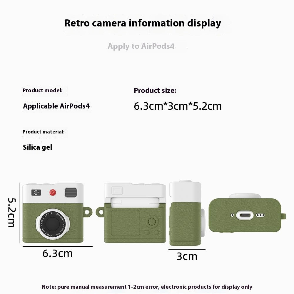 Compatible With  AirPods 5 / 4 Case Retro Camera Design Liquid Silicone Earbuds Carrying Cover with Carabiner - Black