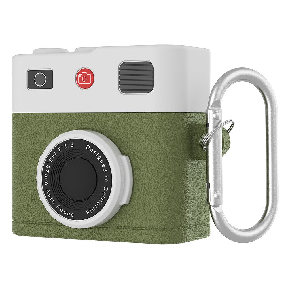 Compatible With  AirPods 5 / 4 Case Retro Camera Design Liquid Silicone Earbuds Carrying Cover with Carabiner - Green