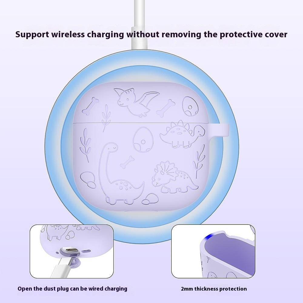 Compatible With  AirPods 5 / 4 Case Unique Dinosaur Design Liquid Silicone Earphone Cover with Carabiner - Baby Blue