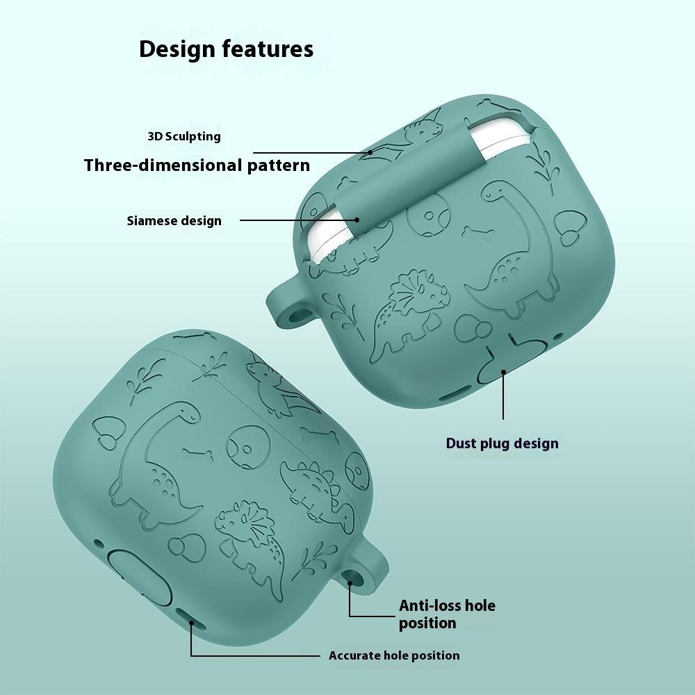 Compatible With  AirPods 5 / 4 Case Unique Dinosaur Design Liquid Silicone Earphone Cover with Carabiner - Baby Blue