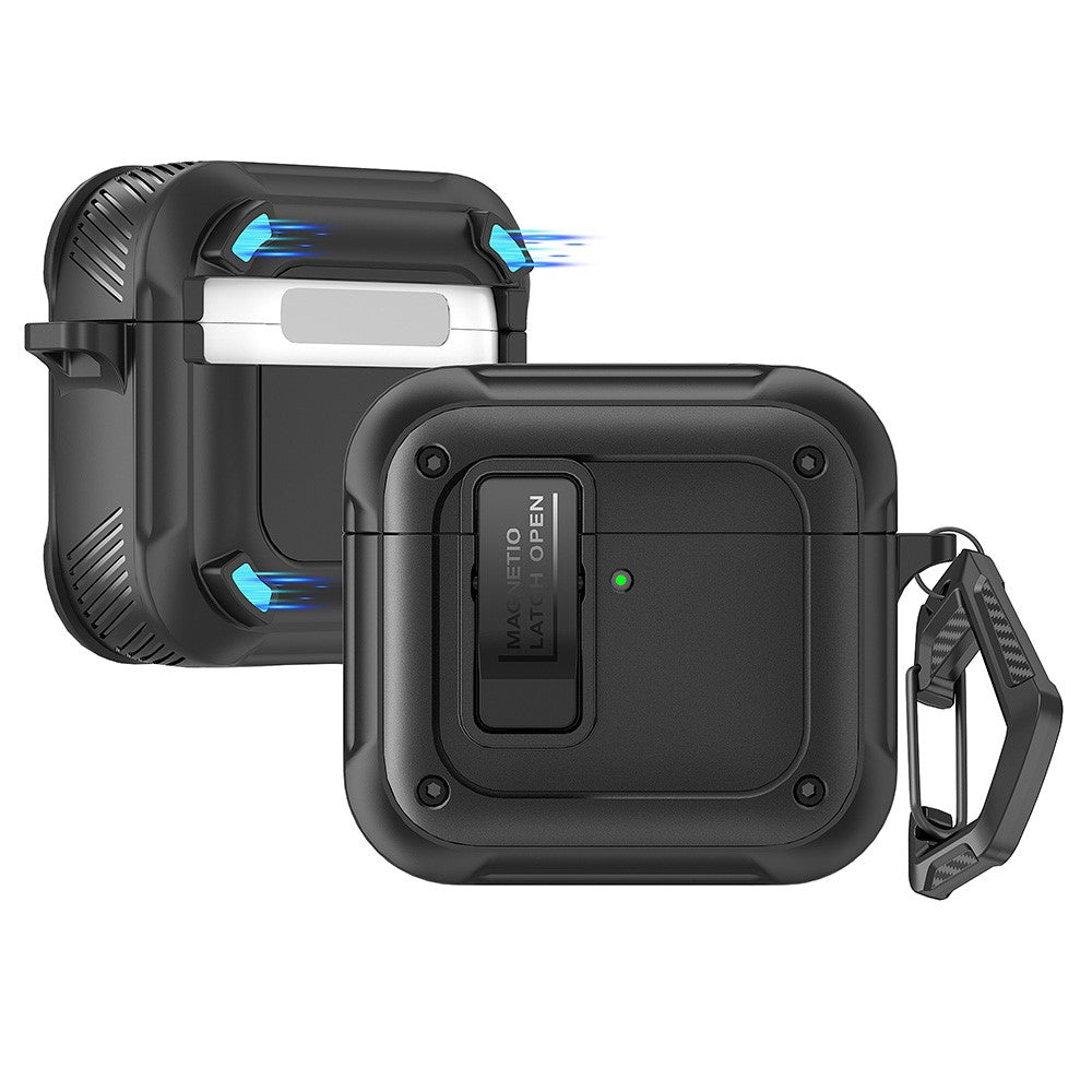 Compatible With  AirPods 5 / 4 Earbuds Case PC+TPU Shockproof Full Body Protective Magnetic Cover with Carabiner - Black