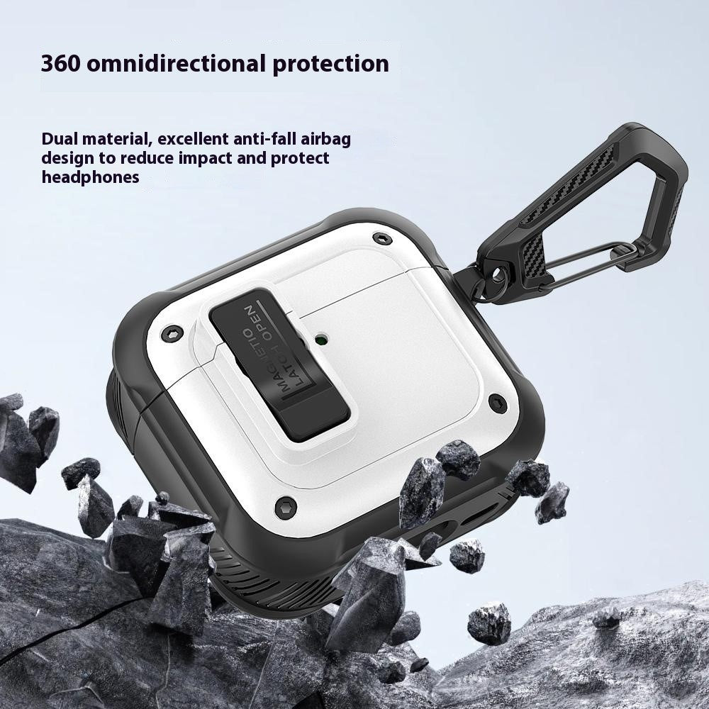 Compatible With  AirPods 5 / 4 Earbuds Case PC+TPU Shockproof Full Body Protective Magnetic Cover with Carabiner - Black