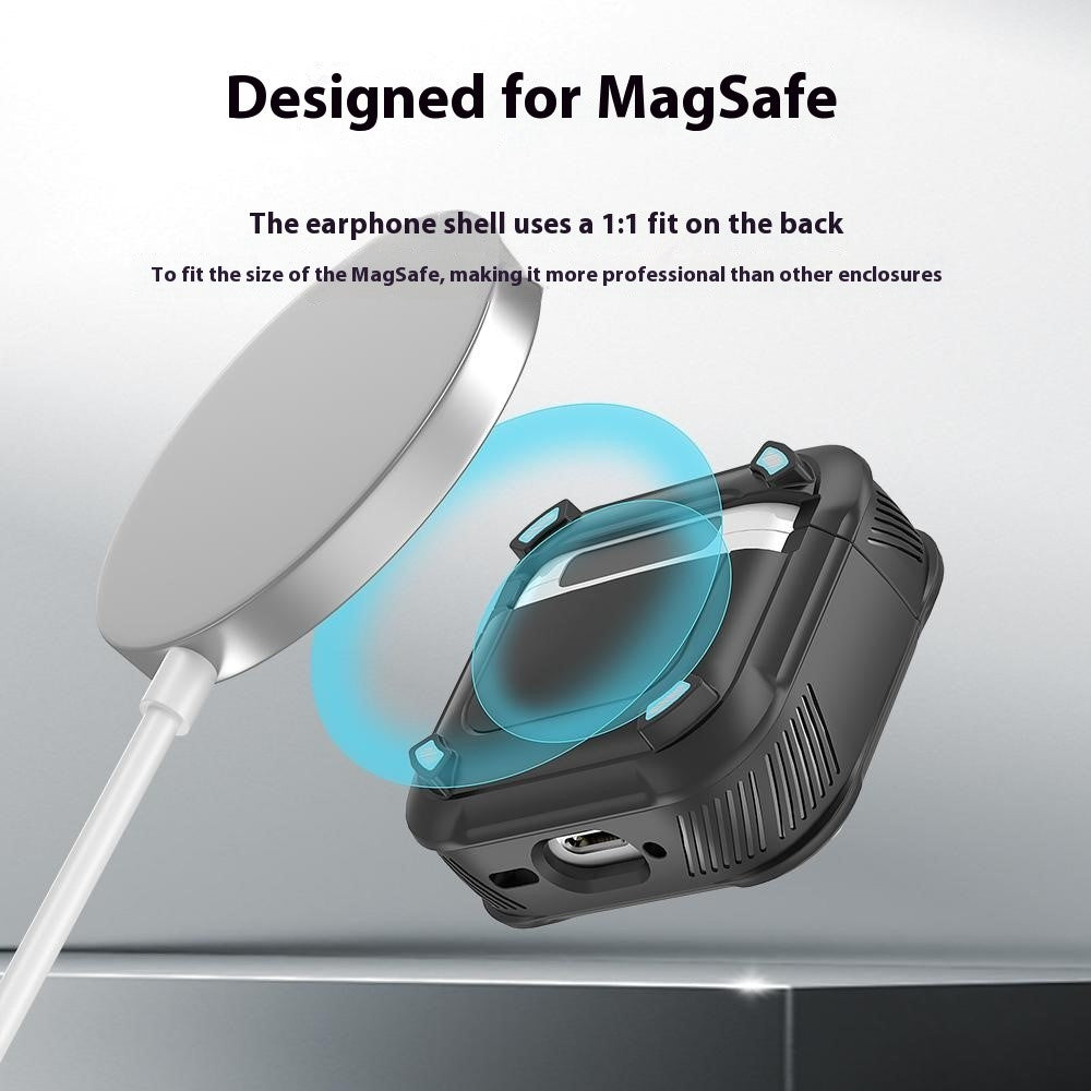 Compatible With  AirPods 5 / 4 Earbuds Case PC+TPU Shockproof Full Body Protective Magnetic Cover with Carabiner - Black