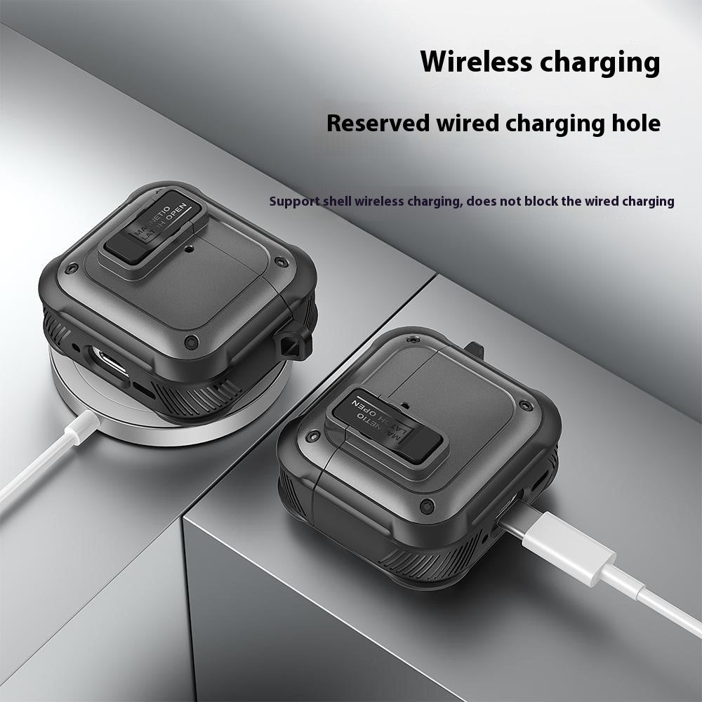 Compatible With  AirPods 5 / 4 Earbuds Case PC+TPU Shockproof Full Body Protective Magnetic Cover with Carabiner - Titanium Grey