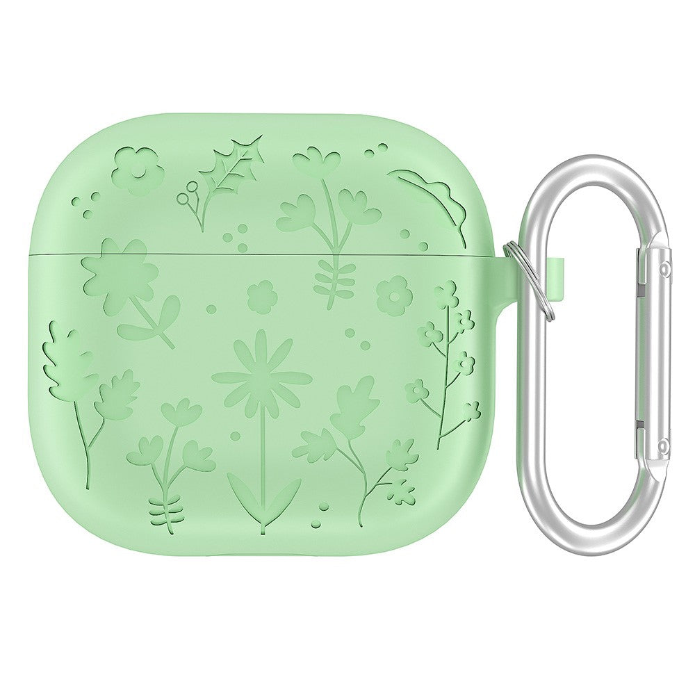 Compatible With  AirPods 5 / 4 Case Floral Pattern Liquid Silicone Earphone Cover with Carabiner - Matcha Green
