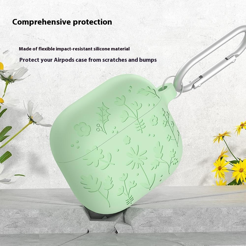 Compatible With  AirPods 5 / 4 Case Floral Pattern Liquid Silicone Earphone Cover with Carabiner - Matcha Green