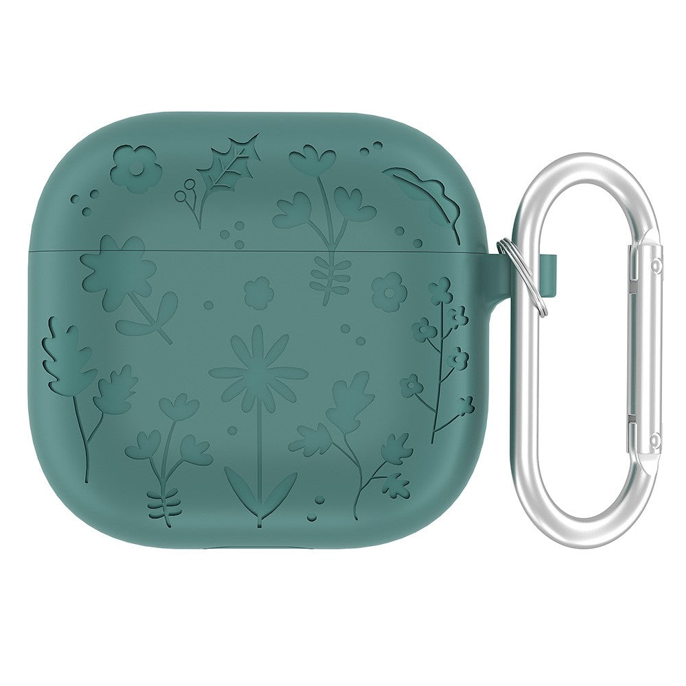 Compatible With  AirPods 5 / 4 Case Floral Pattern Liquid Silicone Earphone Cover with Carabiner - Green
