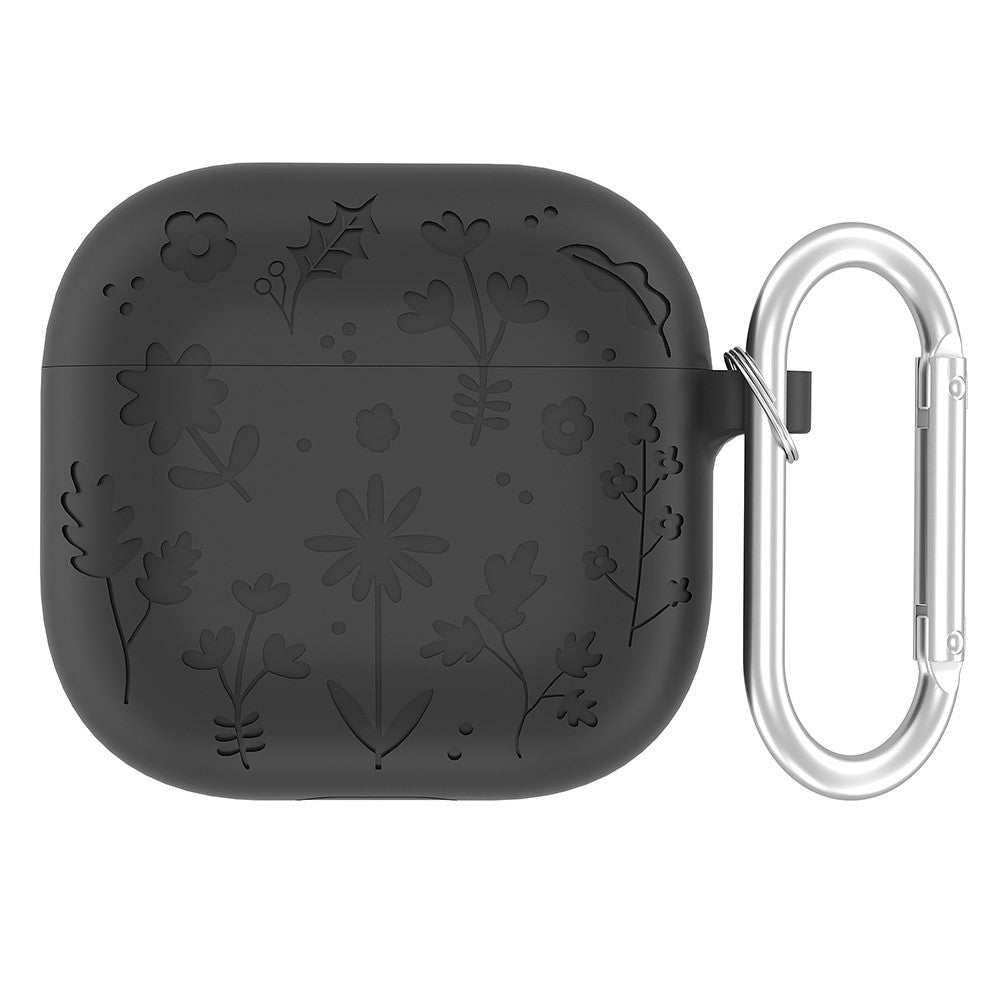 Compatible With  AirPods 5 / 4 Case Floral Pattern Liquid Silicone Earphone Cover with Carabiner - Dark Grey