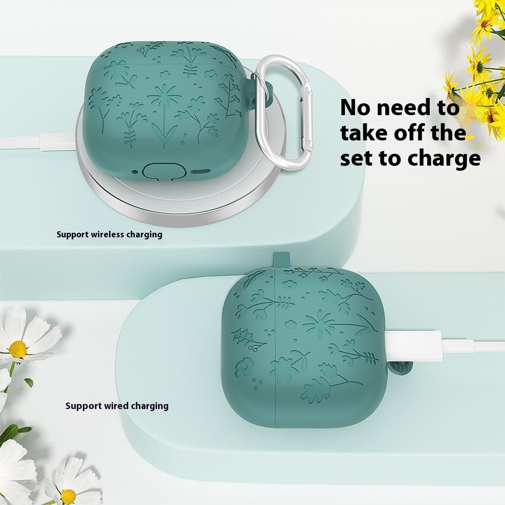 Compatible With  AirPods 5 / 4 Case Floral Pattern Liquid Silicone Earphone Cover with Carabiner - Dark Grey