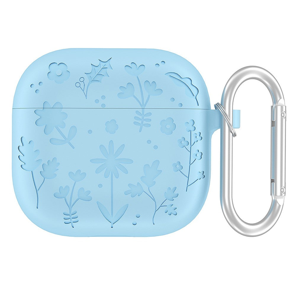 Compatible With  AirPods 5 / 4 Case Floral Pattern Liquid Silicone Earphone Cover with Carabiner - Baby Blue