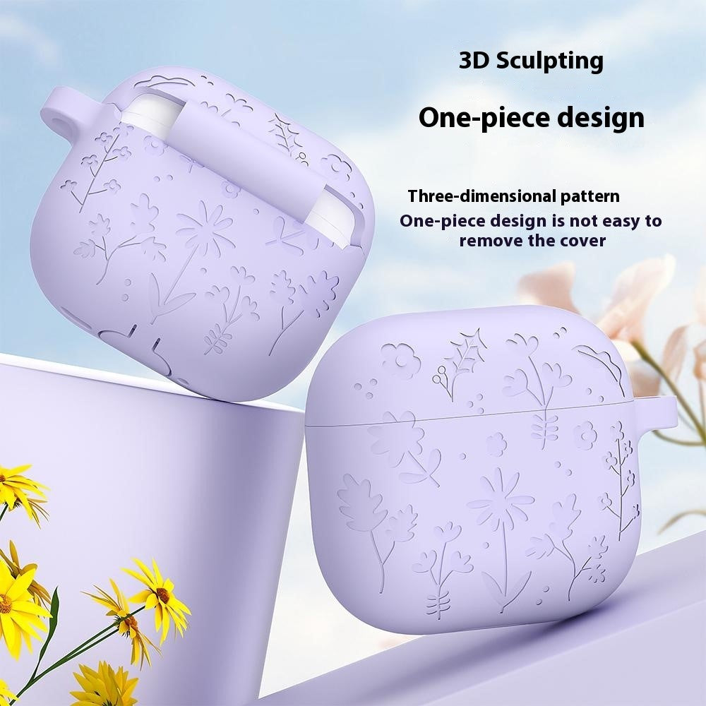 Compatible With  AirPods 5 / 4 Case Floral Pattern Liquid Silicone Earphone Cover with Carabiner - Baby Blue
