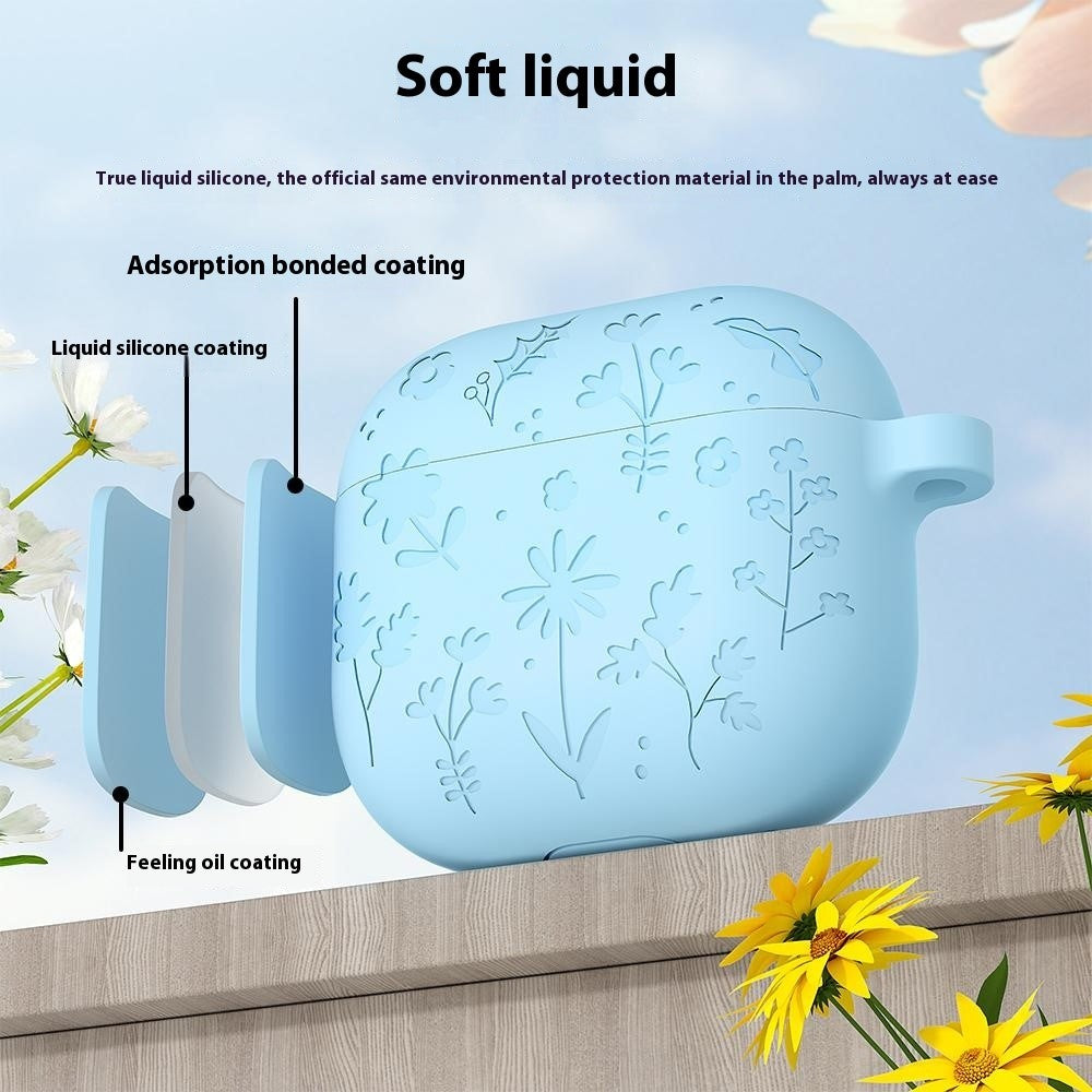 Compatible With  AirPods 5 / 4 Case Floral Pattern Liquid Silicone Earphone Cover with Carabiner - Baby Blue