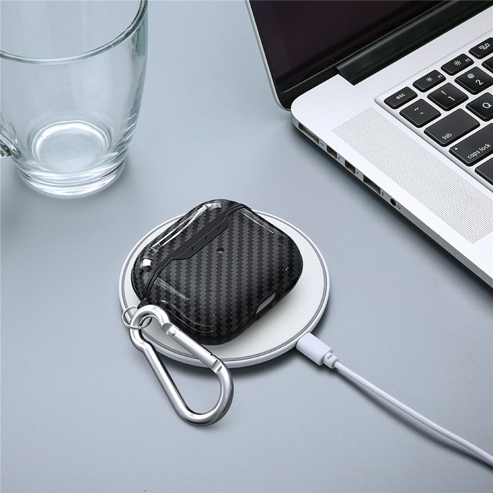 Compatible With  AirPods 5 / 4 Charging Case Cover Carbon Fiber Texture Bluetooth-compatible Earbuds Shockproof TPU Case with Buckle - Navy Blue