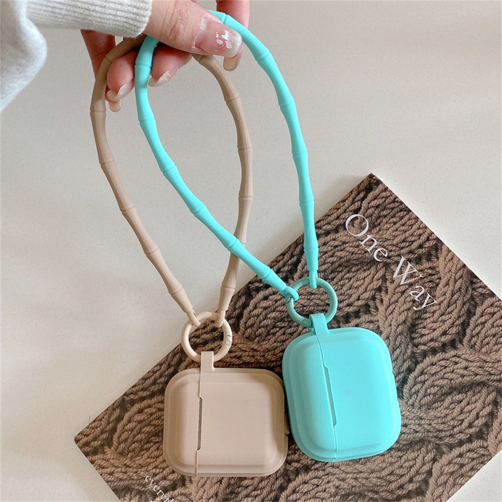 Compatible With  AirPods 5 / 4 Case Bluetooth-compatible Earphone Silicone Case Protective Cover with Bamboo Shape Lanyard - Mint Green