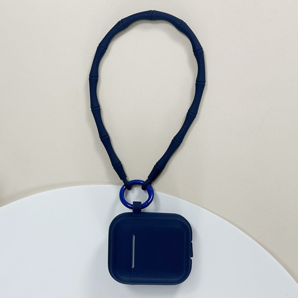 Compatible With  AirPods 5 / 4 Case Bluetooth-compatible Earphone Silicone Case Protective Cover with Bamboo Shape Lanyard - Midnight Blue