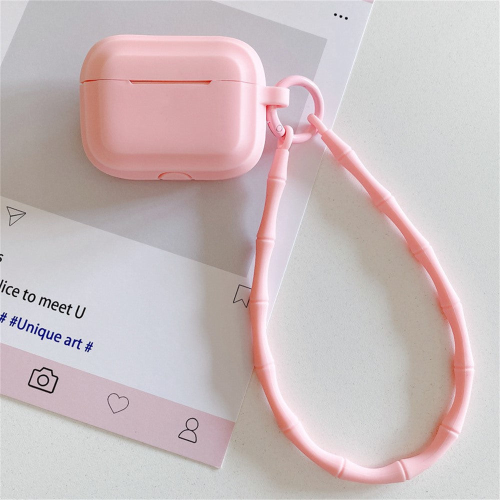 Compatible With  AirPods 5 / 4 Case Bluetooth-compatible Earphone Silicone Case Protective Cover with Bamboo Shape Lanyard - Pink