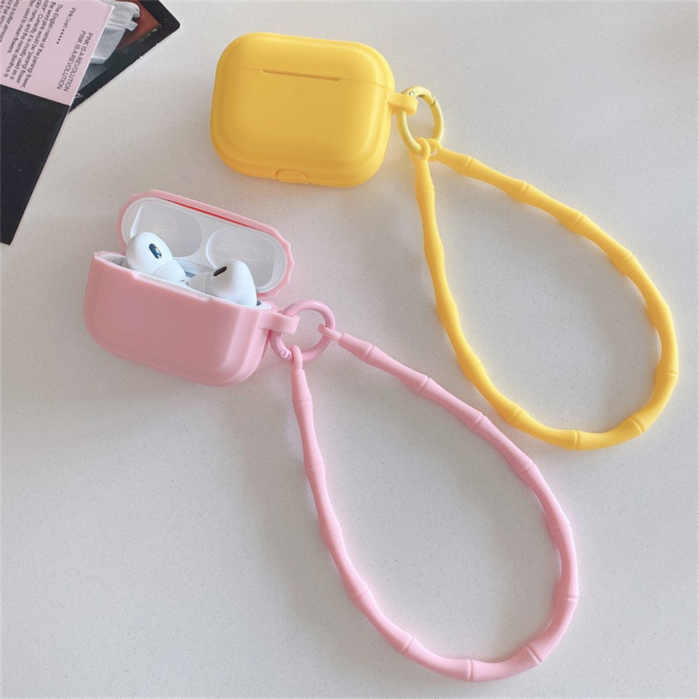 Compatible With  AirPods 5 / 4 Case Bluetooth-compatible Earphone Silicone Case Protective Cover with Bamboo Shape Lanyard - Pink
