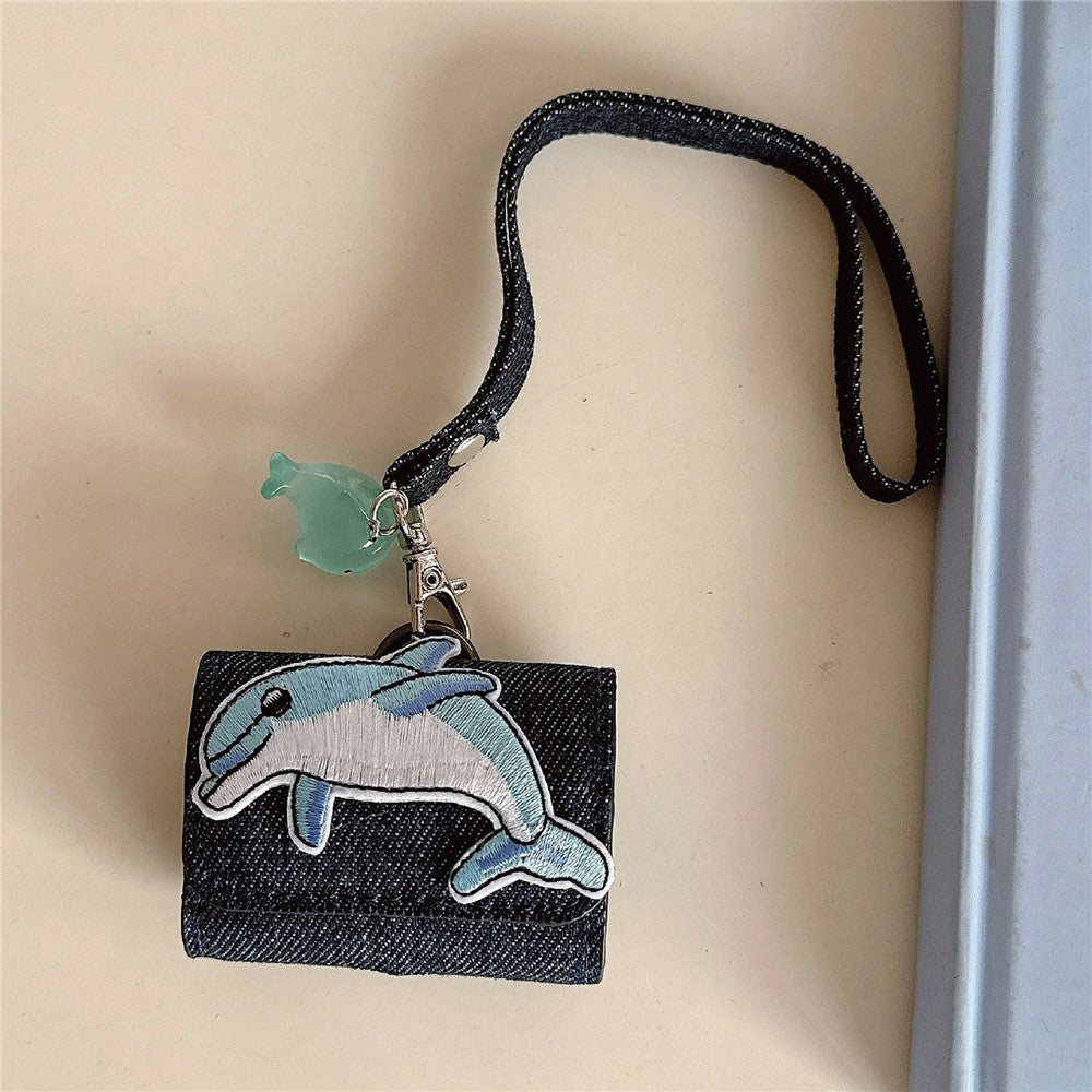 Compatible With  AirPods 5 / 4 / 3 / Pro 2 / Pro Case Cartoon Denim Earbud Storage Bag with Luminous Pendant - Dolphin