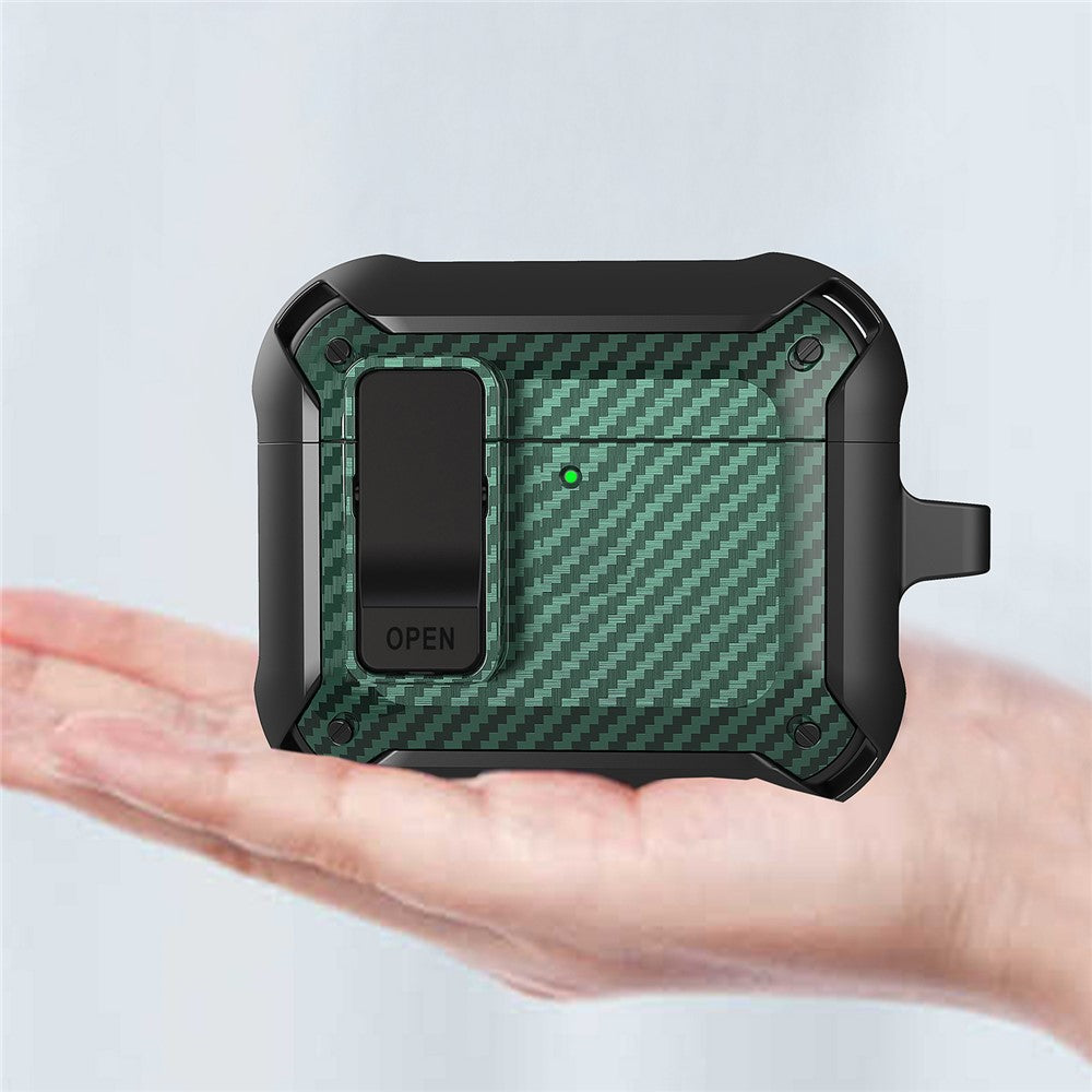 Compatible With  AirPods 5 / 4 Bluetooth-compatible Earphone Cover Carbon Fiber Texture TPU+PC Anti-Drop Case with Buckle - Green