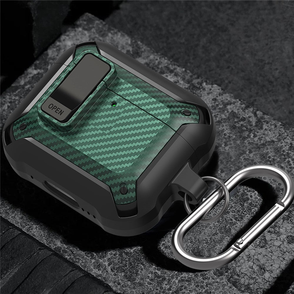 Compatible With  AirPods 5 / 4 Bluetooth-compatible Earphone Cover Carbon Fiber Texture TPU+PC Anti-Drop Case with Buckle - Green