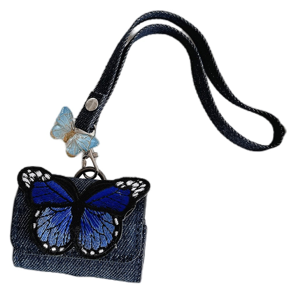 Compatible With  AirPods 5 / 4 / 3 / Pro 2 / Pro Case Butterfly Pattern Denim Earbud Storage Bag with Pendant - Blue