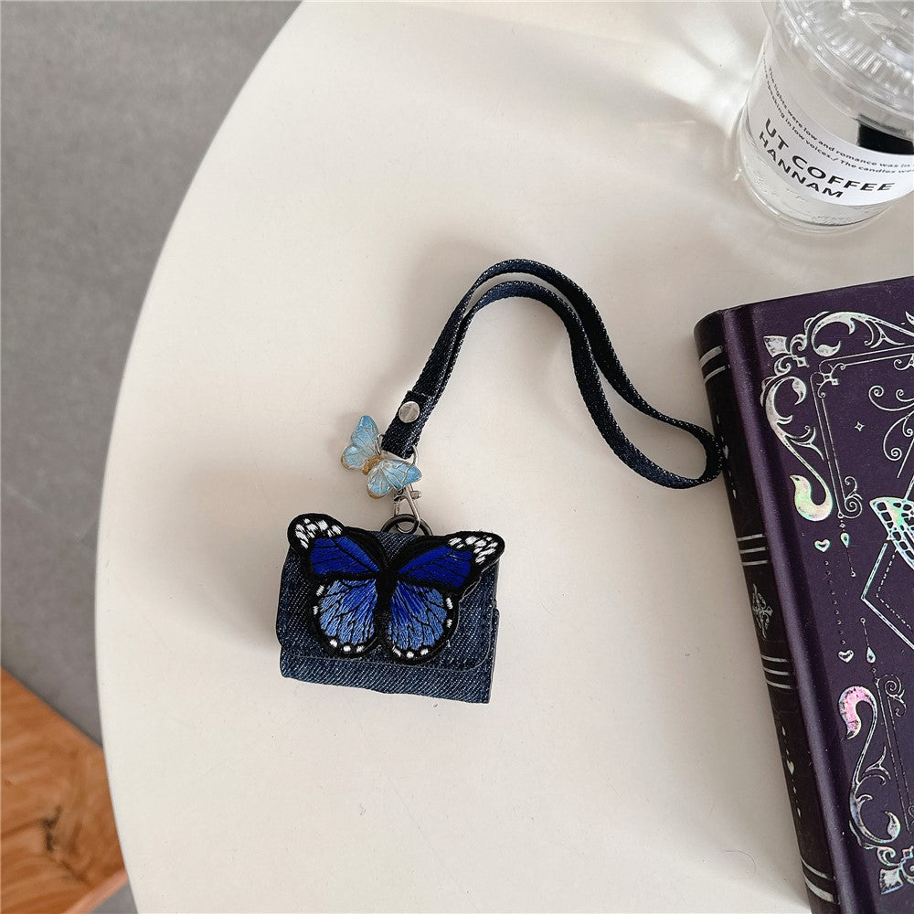 Compatible With  AirPods 5 / 4 / 3 / Pro 2 / Pro Case Butterfly Pattern Denim Earbud Storage Bag with Pendant - Blue