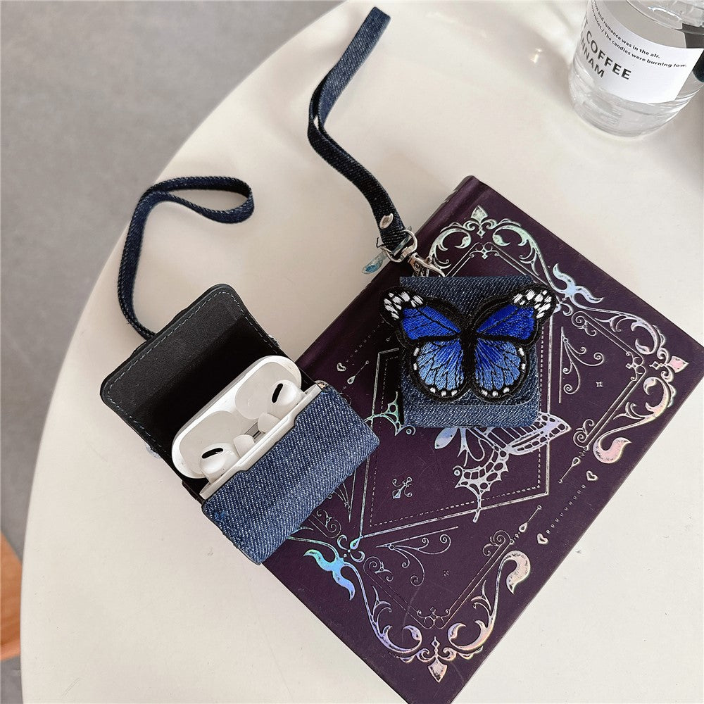 Compatible With  AirPods 5 / 4 / 3 / Pro 2 / Pro Case Butterfly Pattern Denim Earbud Storage Bag with Pendant - Blue