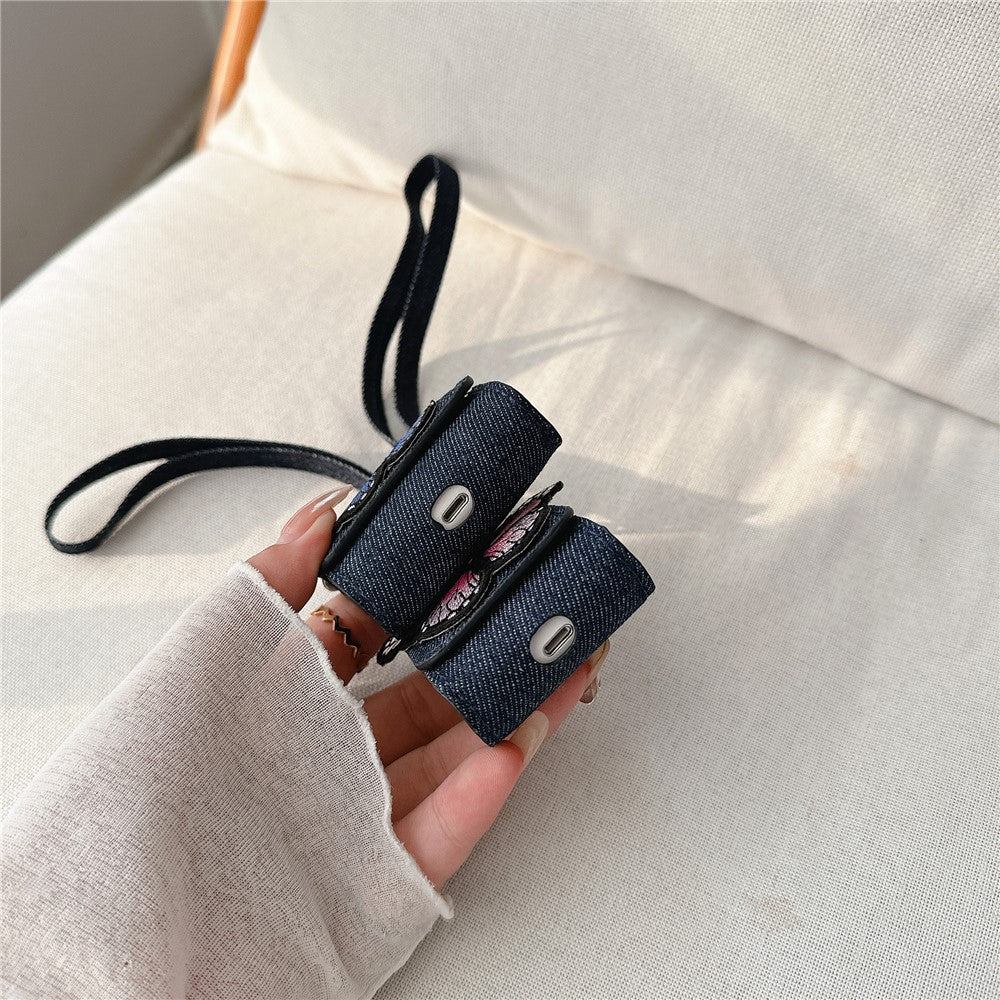 Compatible With  AirPods 5 / 4 / 3 / Pro 2 / Pro Case Butterfly Pattern Denim Earbud Storage Bag with Pendant - Blue