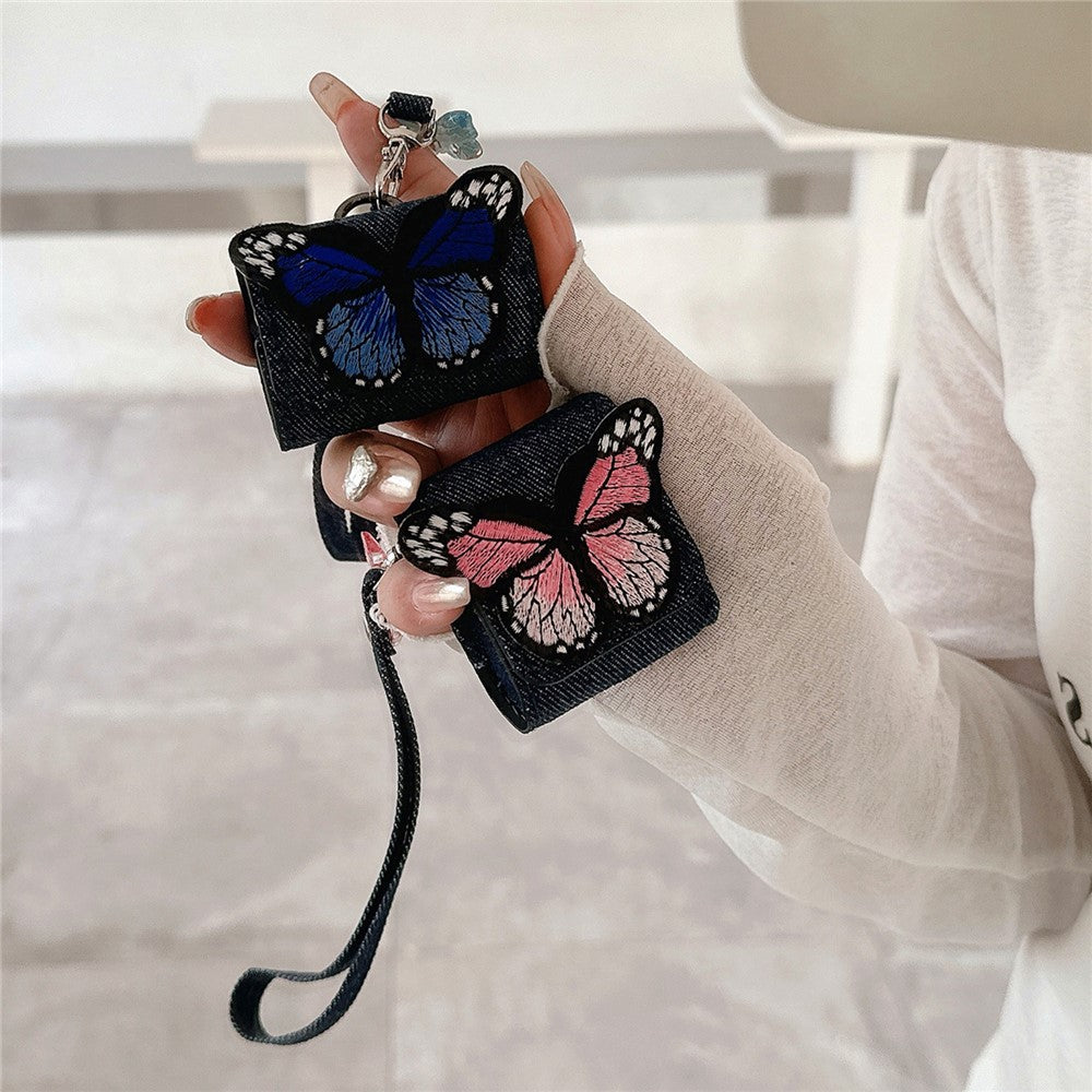 Compatible With  AirPods 5 / 4 / 3 / Pro 2 / Pro Case Butterfly Pattern Denim Earbud Storage Bag with Pendant - Blue