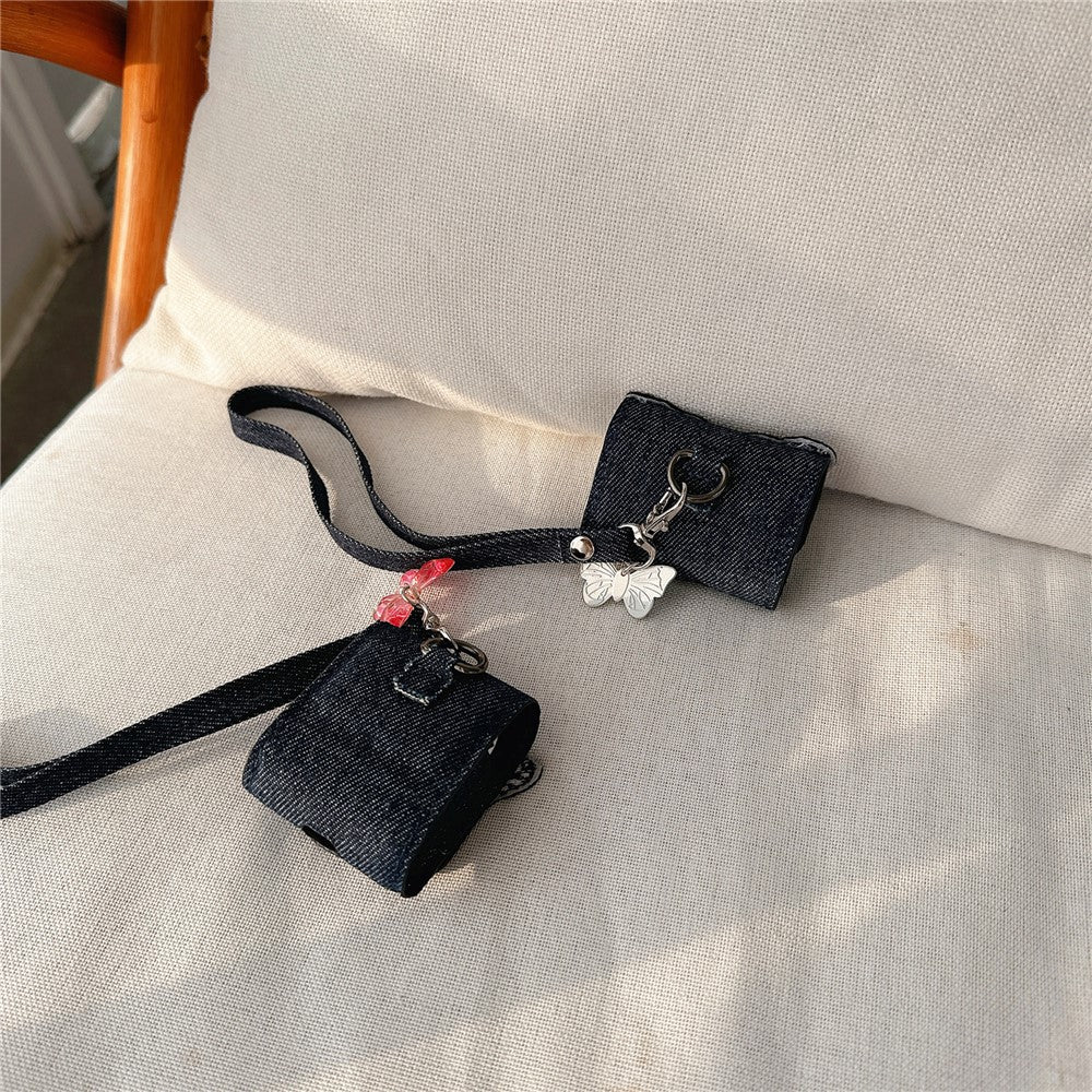Compatible With  AirPods 5 / 4 / 3 / Pro 2 / Pro Case Butterfly Pattern Denim Earbud Storage Bag with Pendant - Blue