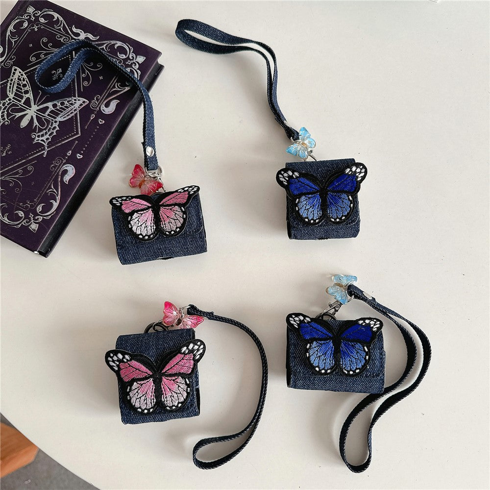 Compatible With  AirPods 5 / 4 / 3 / Pro 2 / Pro Case Butterfly Pattern Denim Earbud Storage Bag with Pendant - Blue