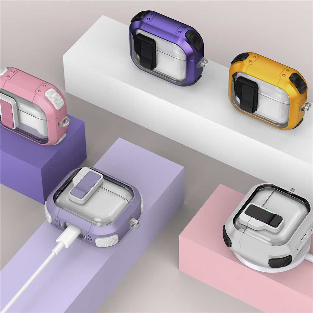 Compatible With  AirPods 5 / 4 Clear Earphone Case Button Lock TPU+PC Rugged Cover with Carabiner - White  /  Black