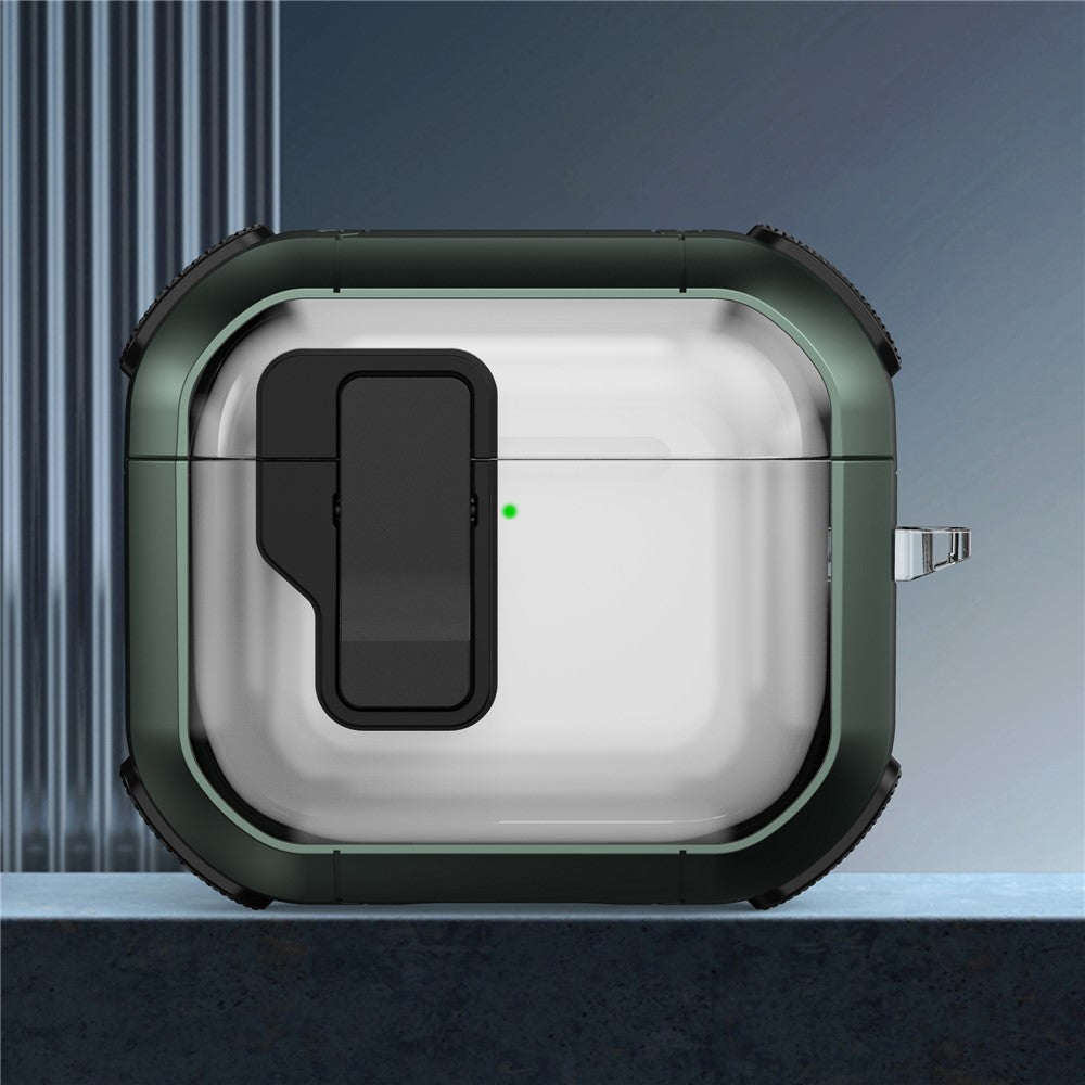 Compatible With  AirPods 5 / 4 Clear Earphone Case Button Lock TPU+PC Rugged Cover with Carabiner - Green