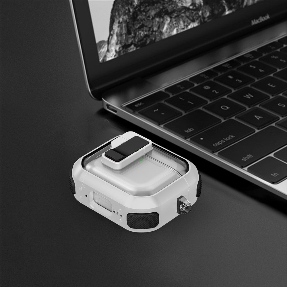 Compatible With  AirPods 5 / 4 Clear Earphone Case Button Lock TPU+PC Rugged Cover with Carabiner - White