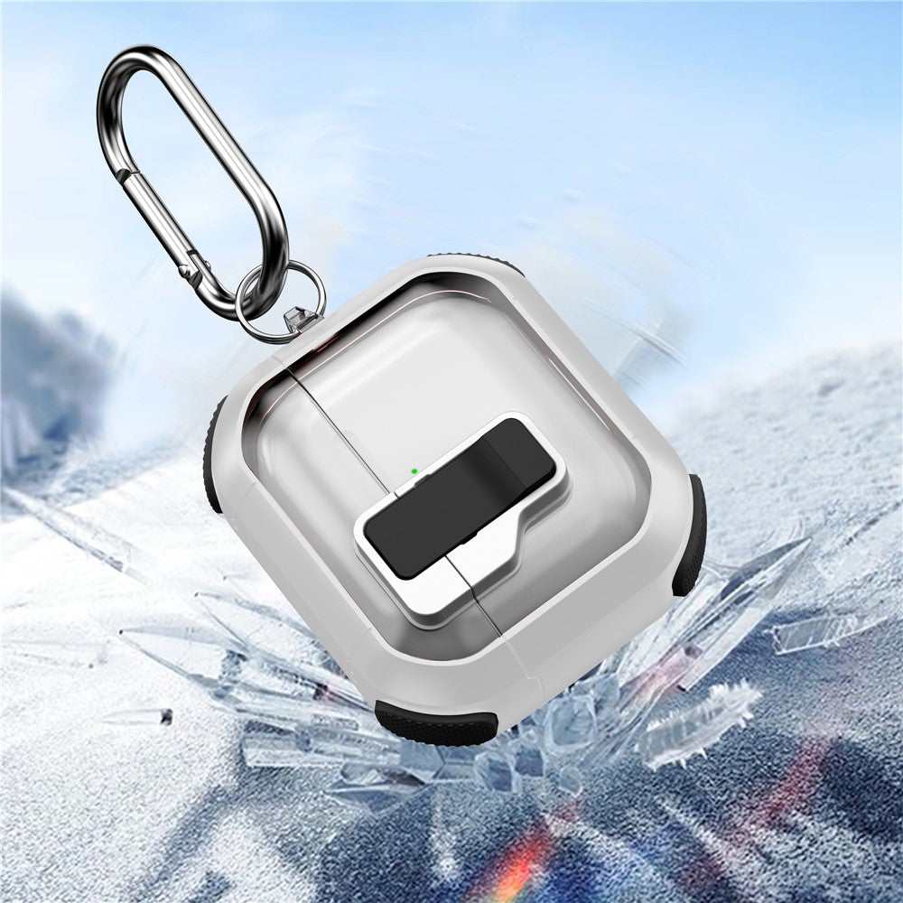 Compatible With  AirPods 5 / 4 Clear Earphone Case Button Lock TPU+PC Rugged Cover with Carabiner - White