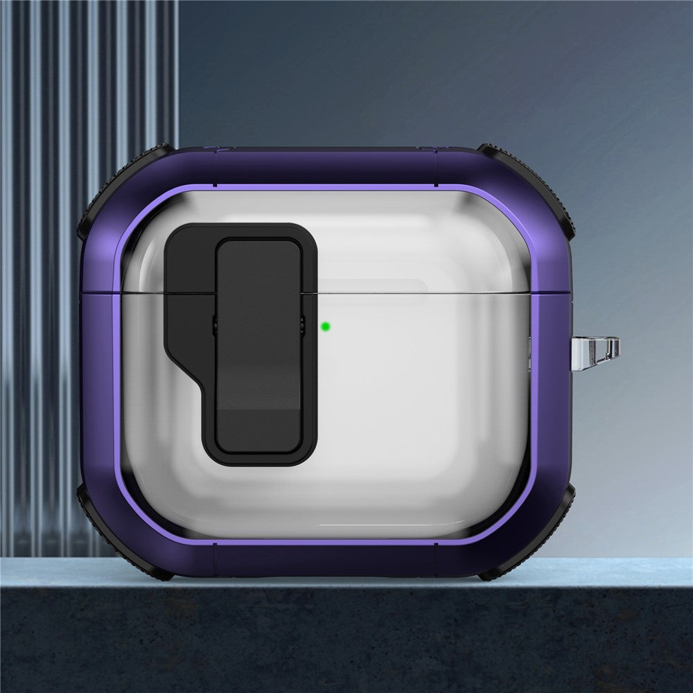 Compatible With  AirPods 5 / 4 Clear Earphone Case Button Lock TPU+PC Rugged Cover with Carabiner - Dark Purple