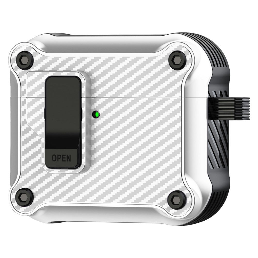 Compatible With  AirPods 5 / 4 Case TPU+PC Carbon Fiber Texture Bluetooth-compatible Earbuds Cover with Carabiner - White
