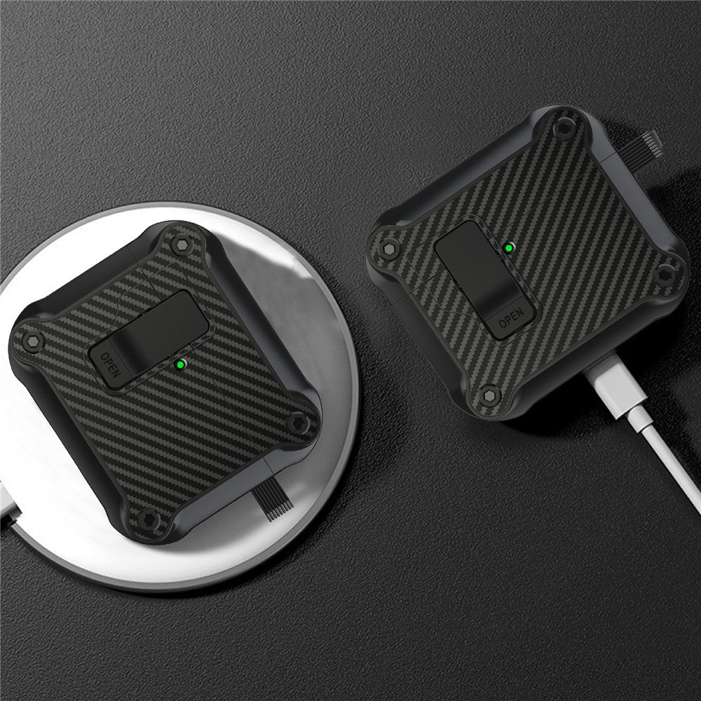 Compatible With  AirPods 5 / 4 Case TPU+PC Carbon Fiber Texture Bluetooth-compatible Earbuds Cover with Carabiner - Yellow