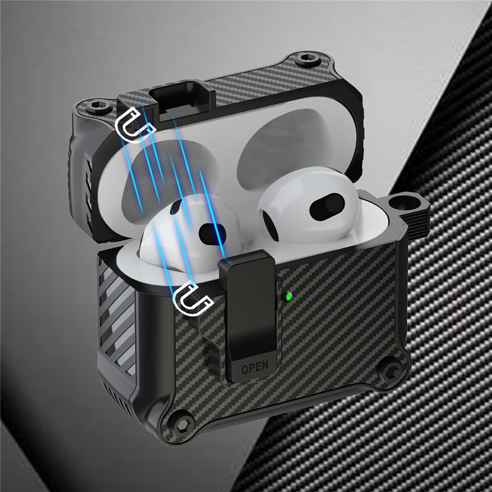 Compatible With  AirPods 5 / 4 Case TPU+PC Carbon Fiber Texture Bluetooth-compatible Earbuds Cover with Carabiner - Yellow