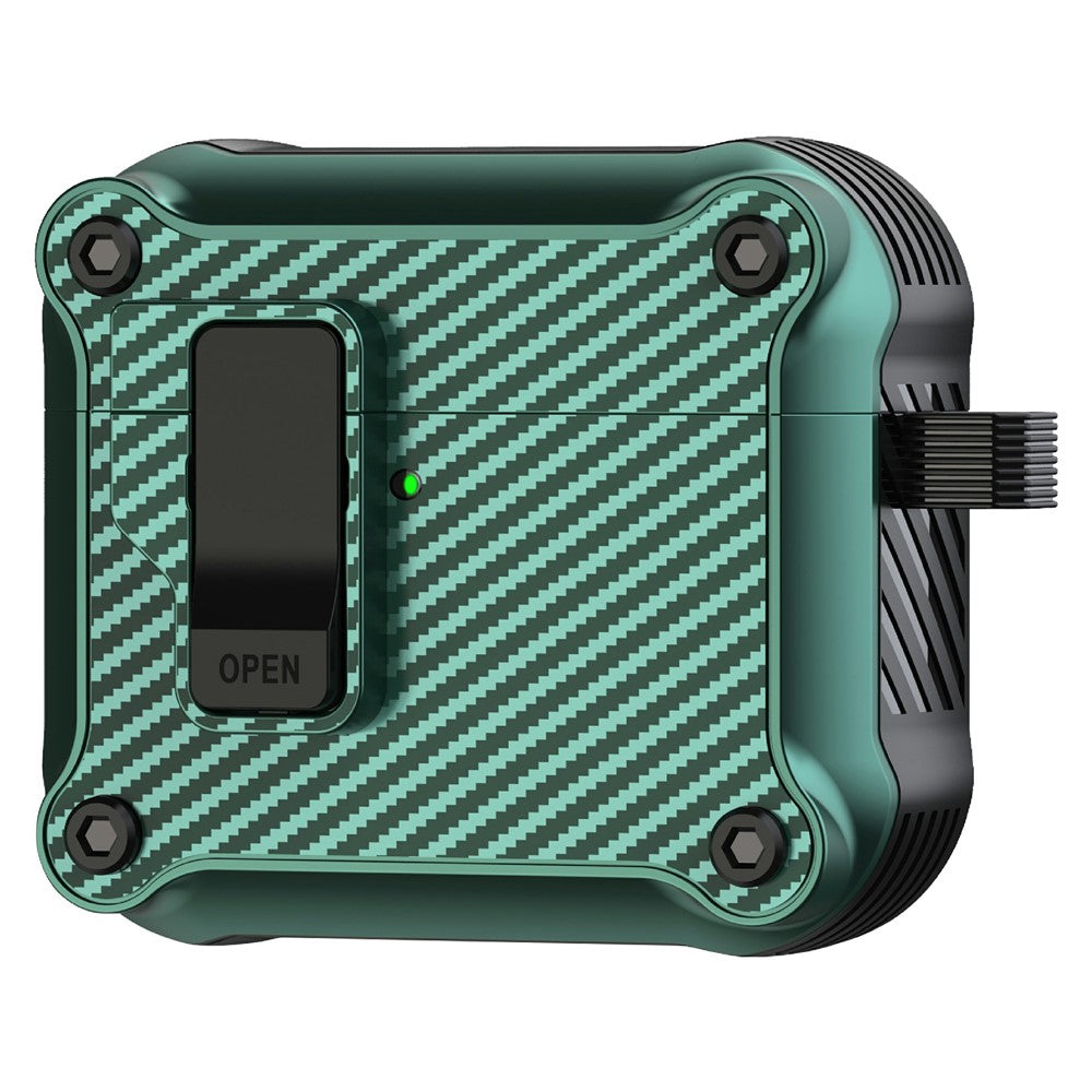 Compatible With  AirPods 5 / 4 Case TPU+PC Carbon Fiber Texture Bluetooth-compatible Earbuds Cover with Carabiner - Green