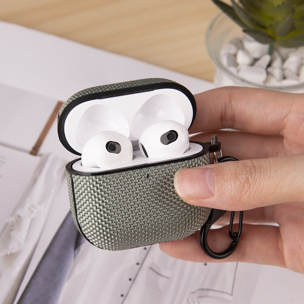 Compatible With  AirPods 5 / 4 Woven Texture Waterproof PC Case with Carabiner Earphone Protective Cover - Black