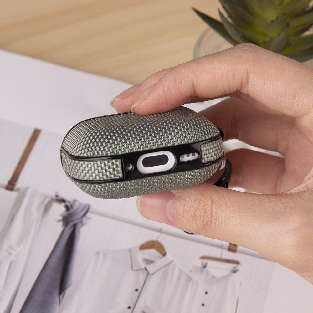 Compatible With  AirPods 5 / 4 Woven Texture Waterproof PC Case with Carabiner Earphone Protective Cover - Grey