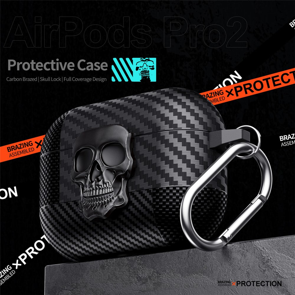 Compatible With  AirPods 5 / 4 Protective Case Skull Design Snap Switch TPU + Metal Earphone Cover with Carabiner - Grey