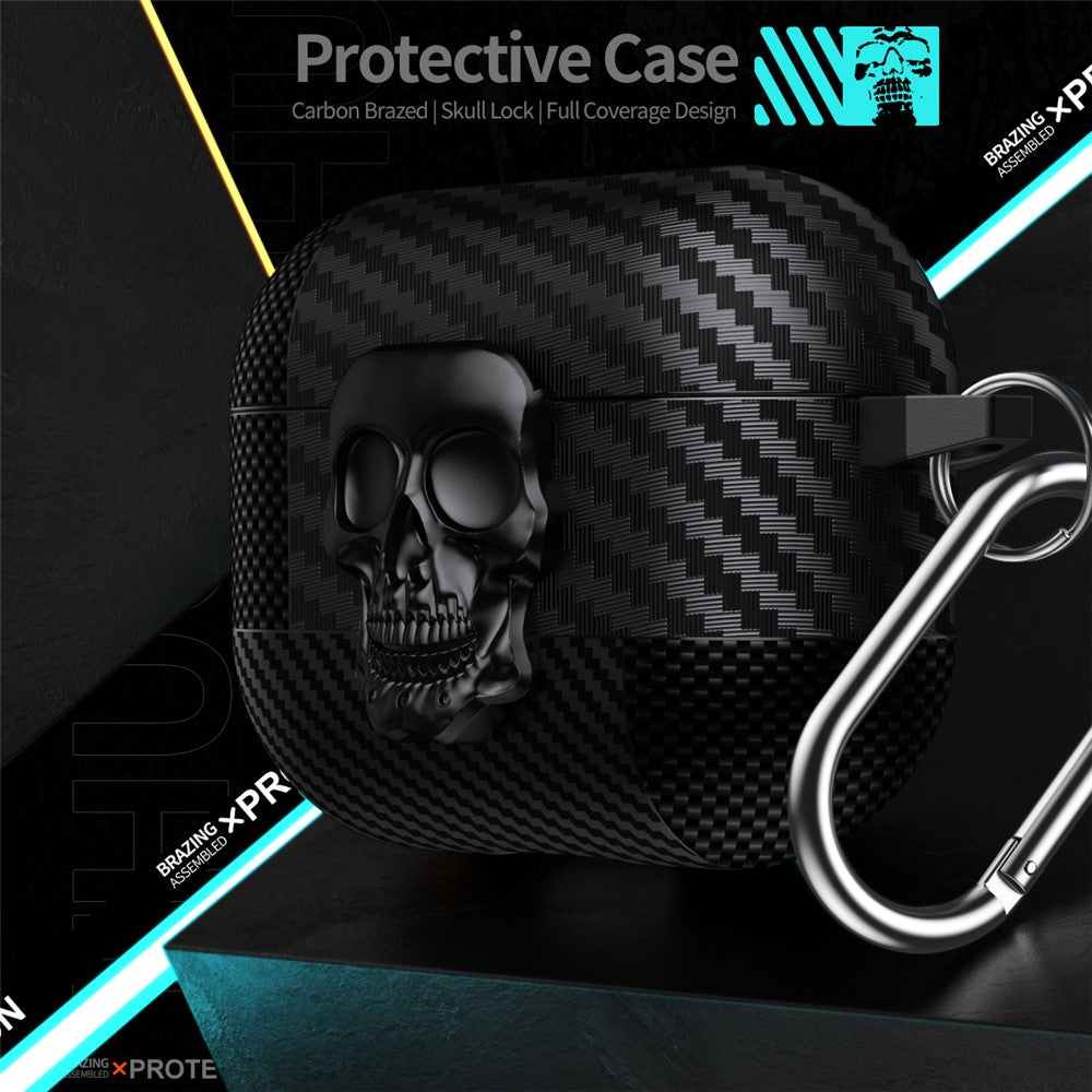 Compatible With  AirPods 5 / 4 Protective Case Skull Design Snap Switch TPU + Metal Earphone Cover with Carabiner - Grey