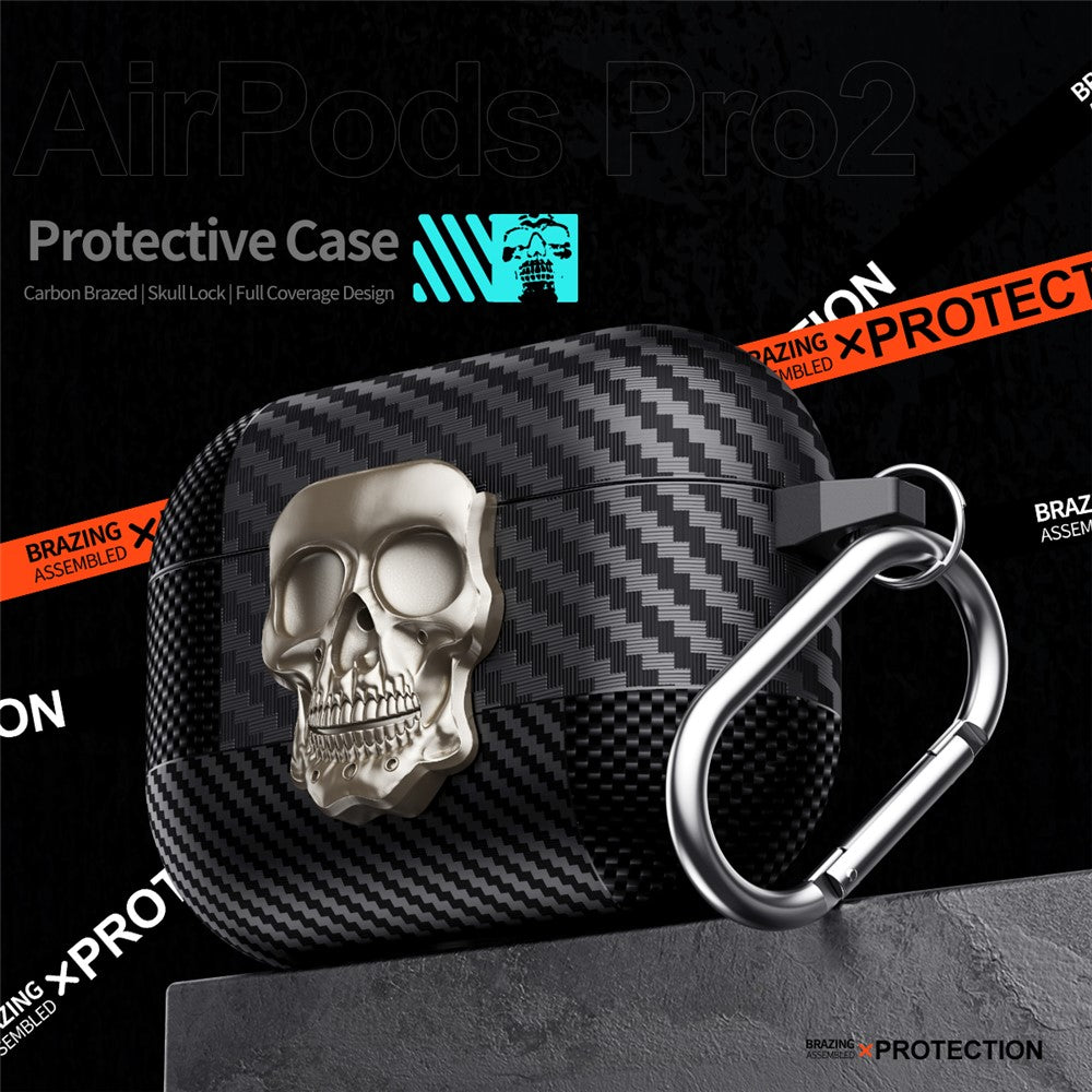 Compatible With  AirPods 5 / 4 Protective Case Skull Design Snap Switch TPU + Metal Earphone Cover with Carabiner - Gold